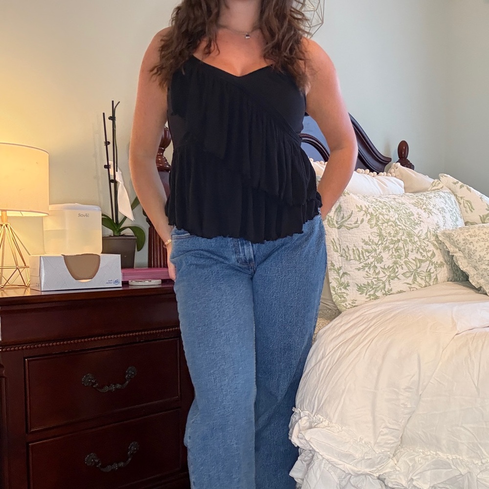 Free People size M black ruffled pack ruffle tank top with adjustable straps